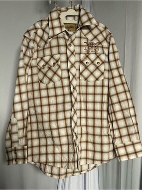 Wrangler Retro Boys' Cream & Brown Plaid Button-Down Shirt embroidered D bar M